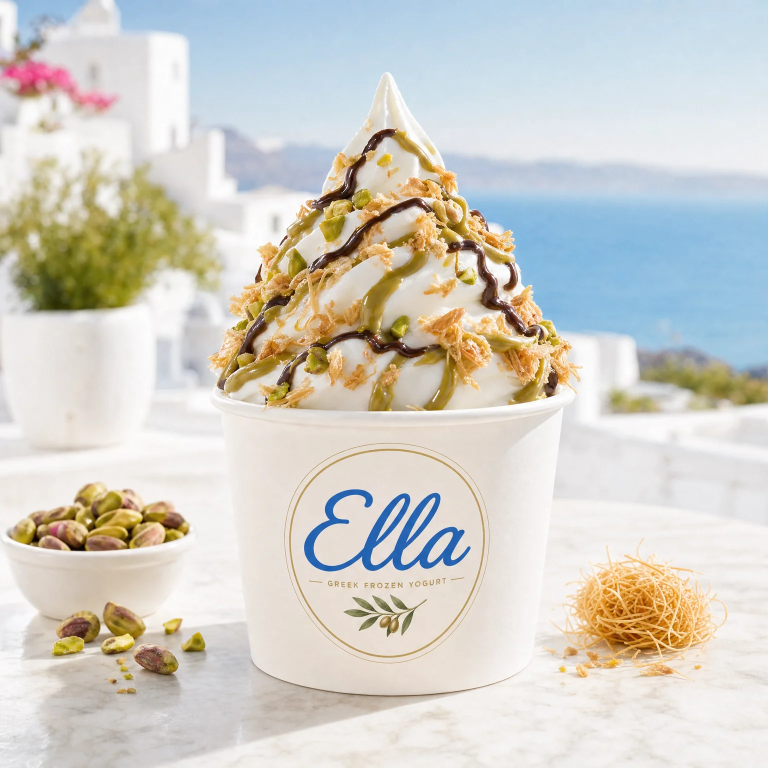 Ella Baklava Flakes Greek frozen yogurt with pistachio cream, crispy kataifi and chocolate