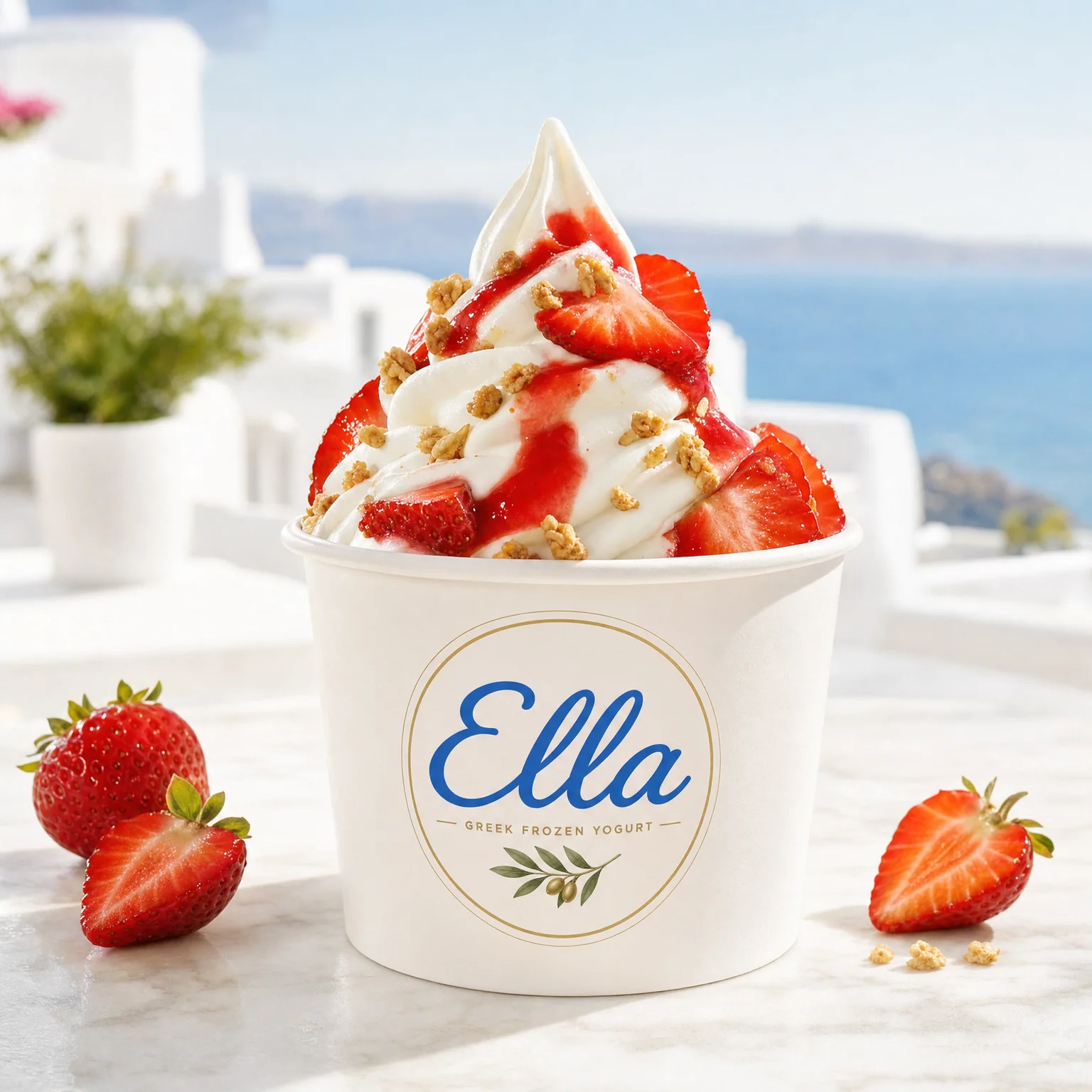 Ella Strawberry Bliss Greek frozen yogurt with strawberries, strawberry coulis and granola